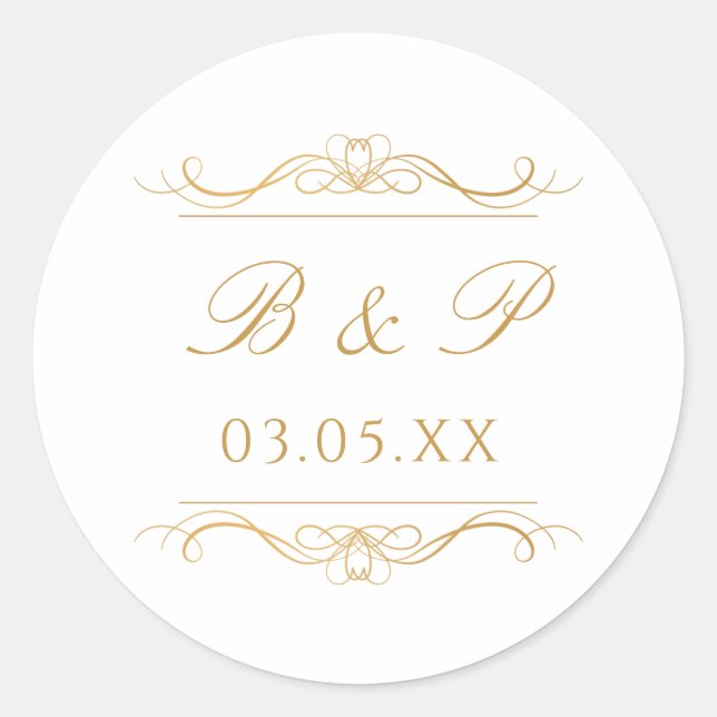 Monogram Custom Modern Elegant Gold Script Wedding Classic Round Sticker (Front)