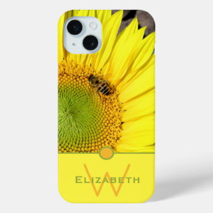 Monogram Custom Name Bee On Sunflower Photo iPhone 15 Mini Case