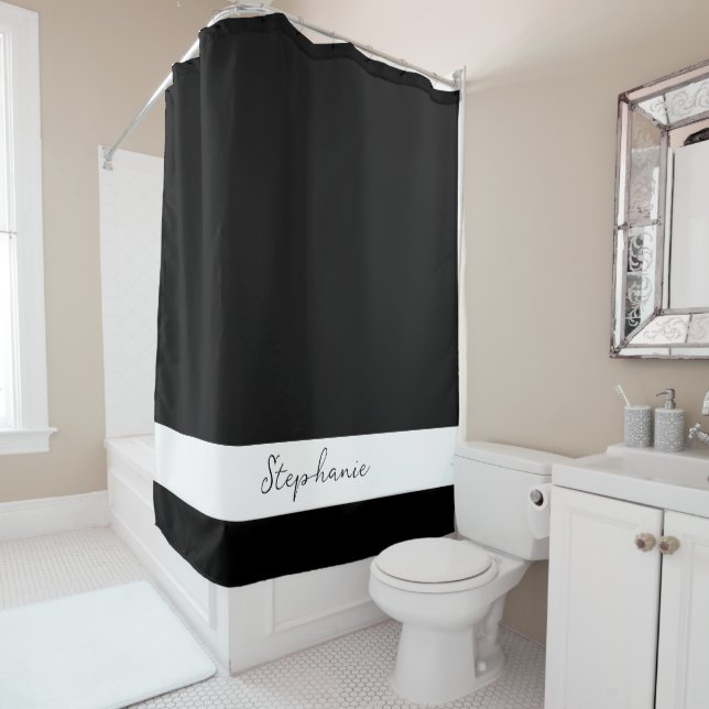 Monogram Custom Name Black White Stylish Elegant Shower Curtain (In Situ)