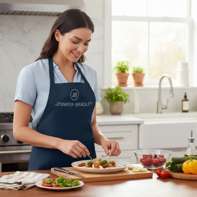 Monogram Custom Name Blue and White Apron (Creator Uploaded)