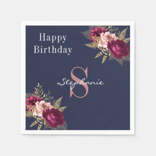 Monogram Custom Name Burgundy Pink Gold Floral  Napkin