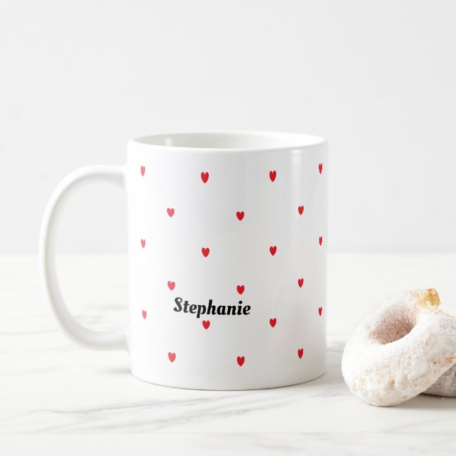 Monogram Custom Name Cute Red Doodle Hearts White Coffee Mug (With Donut)