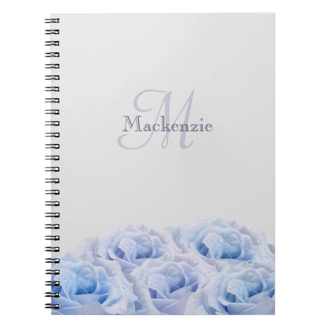 Monogram Custom Name Dusty Blue Roses Pastel Gray Notebook (Front)