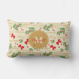 Monogram Custom Name Festive Merry Christmas Lumbar Cushion