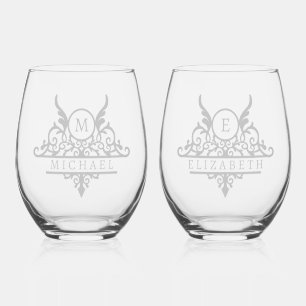 Monogram Custom Name Ornate Personalised Stemless Wine Glass