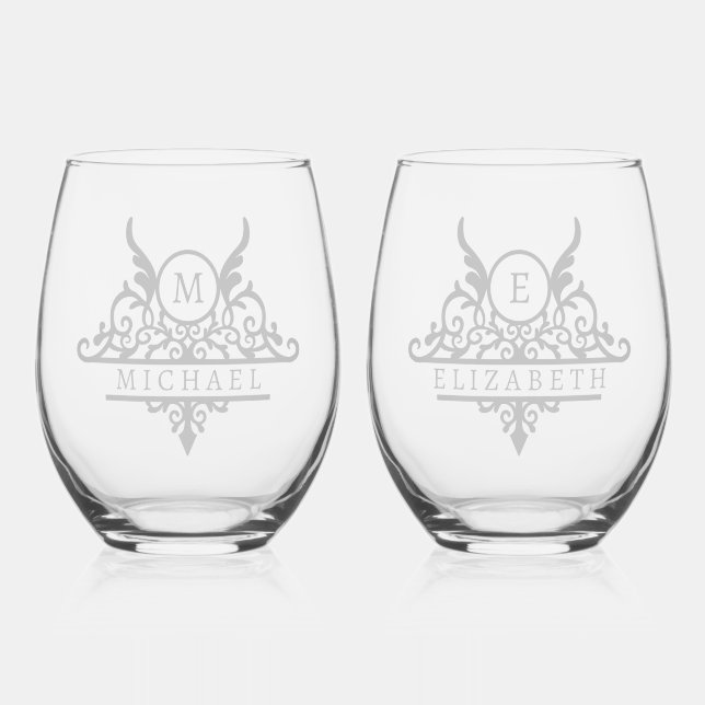 Monogram Custom Name Ornate Personalised Stemless Wine Glass (Front)