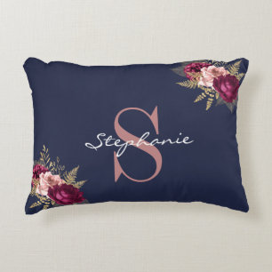 Monogram Custom Name Pink Gold Burgundy Floral Decorative Cushion