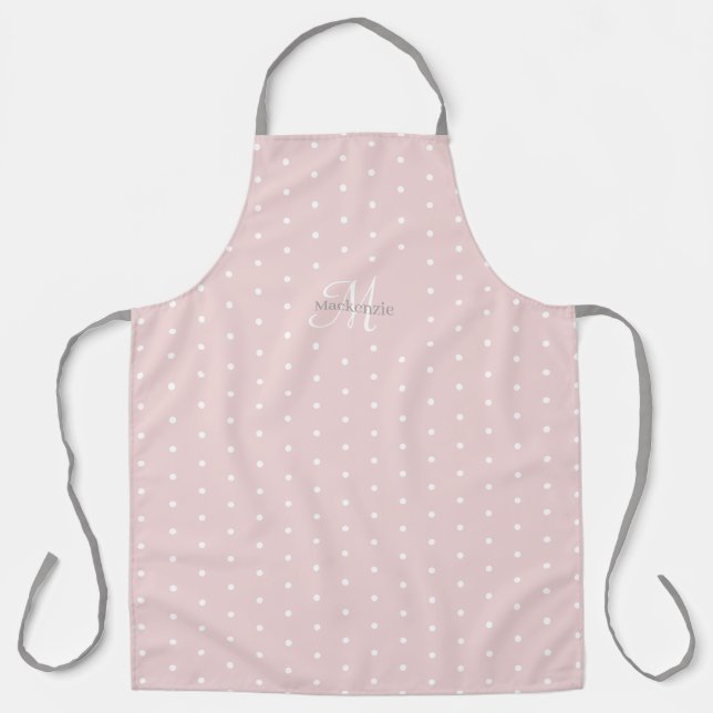 Monogram Custom Name Pink Grey White Polka Dots Apron (Front)