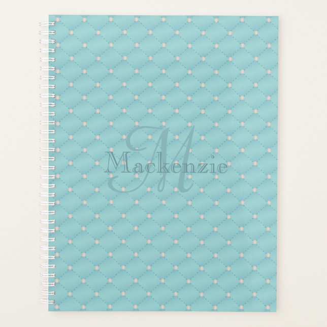 Monogram Custom Name Quilt Design Turquoise Teal Planner (Front)