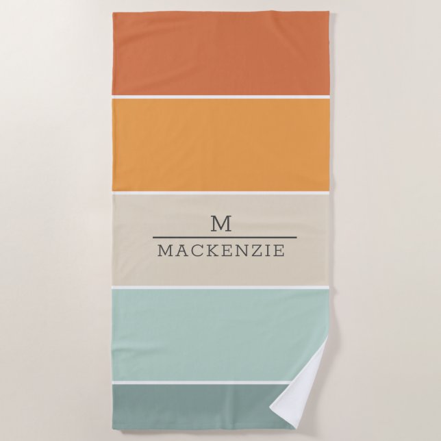 Monogram Custom Name Stripe Peach Blue Coral Teal  Beach Towel (Front)