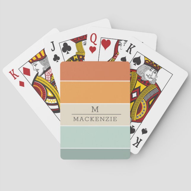 Monogram Custom Name Stripe Peach Blue Coral Teal Playing Cards (Back)
