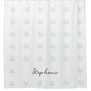Monogram Custom Name Teal Blue White Starfish Cute Shower Curtain