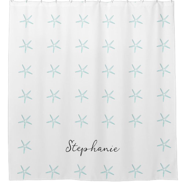 Monogram Custom Name Teal Blue White Starfish Cute Shower Curtain (Front)