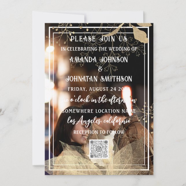 Monogram Custom Photo QR Code Black White Floral  Invitation (Front)