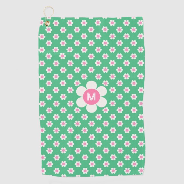 Monogram Custom Retro Daisies Pink and Green Golf Towel (Front)