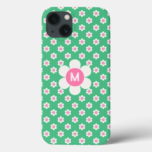 Monogram Custom Retro Daisies Pink and Green Sherp Case-Mate iPhone Case (Back)