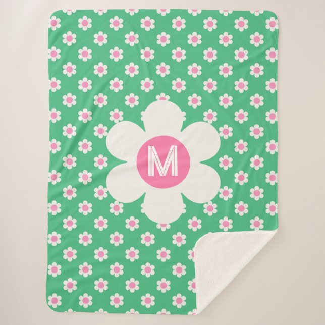 Monogram Custom Retro Daisies Pink and Green Sherpa Blanket (Front)