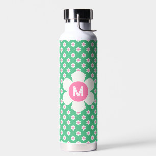 Monogram Custom Retro Daisies Pink and Green Water Bottle