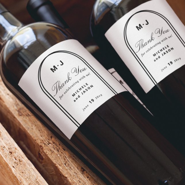 Monogram Custom Thank You White Black Arch Wedding Wine Label (Creator Uploaded)