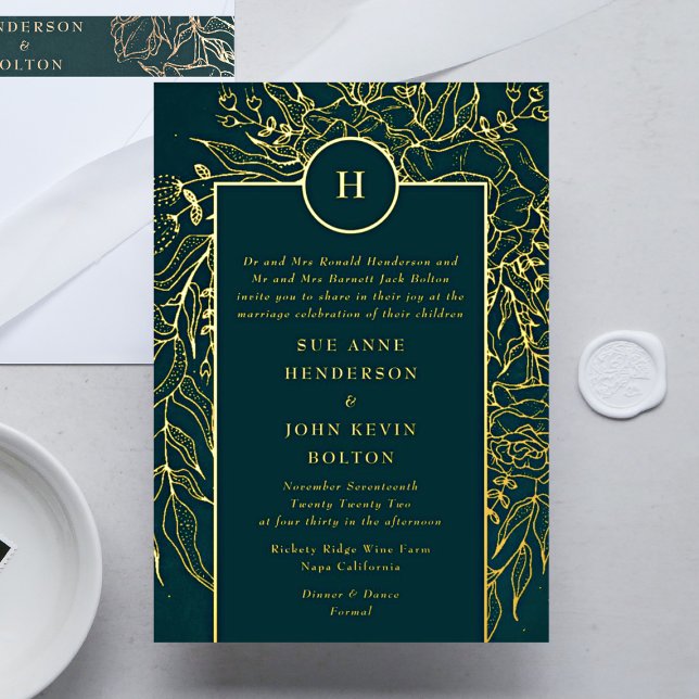 Monogram Customisable Emerald Green Wreath Wedding (Invitation showcasing suite - additional items (bought separately))
