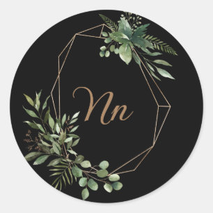 Monogram customisable gold frame green branch classic round sticker