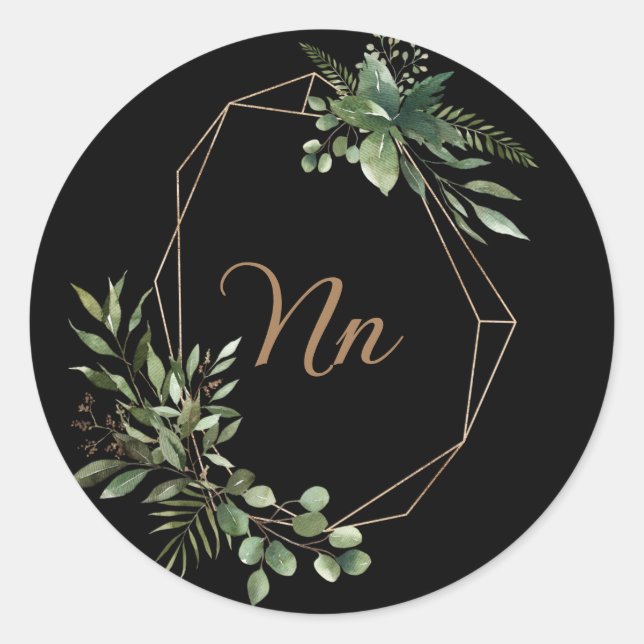 Monogram customisable gold frame green branch  classic round sticker (Front)