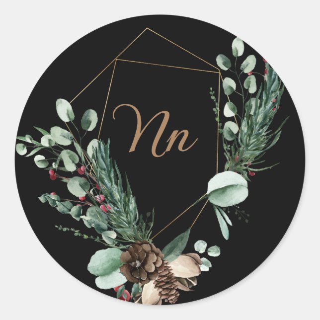 Monogram customisable gold frame green branch  classic round sticker (Front)