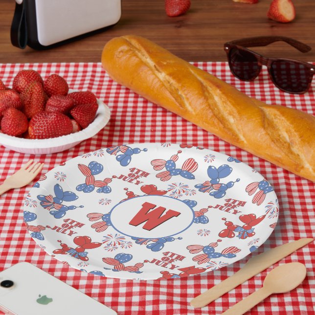 Monogram Cute 4th of July Balloon Dogs Paper Plate (Picnic)