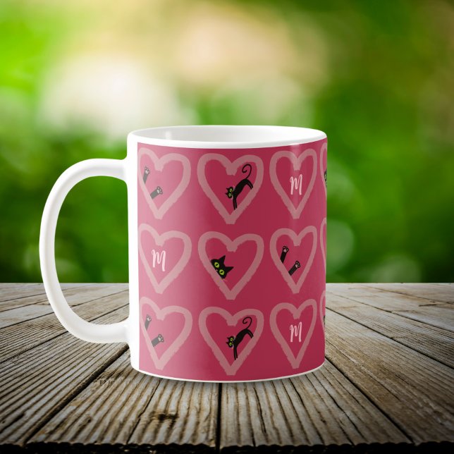 Monogram Cute Black Cat Hearts Valentines Day Coff Coffee Mug (Creator Uploaded)