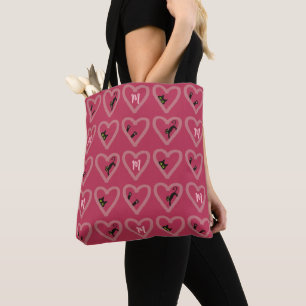 Monogram Cute Black Cat Hearts Valentines Day Tote Bag