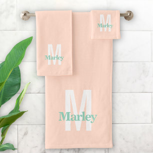 Monogram Cute Blush Pink Bold Modern Stylish Chic Bath Towel Set