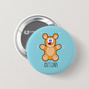 Monogram cute brown teddy bear on blue 6 cm round badge