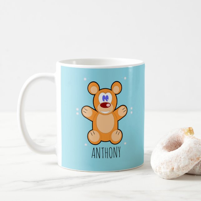 Monogram cute brown teddy bear on blue coffee mug (With Donut)