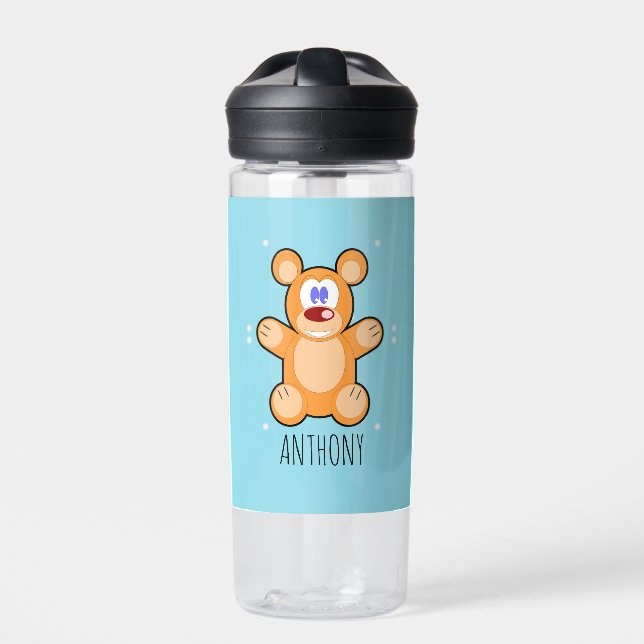 Monogram cute brown teddy bear on blue water bottle (Front)