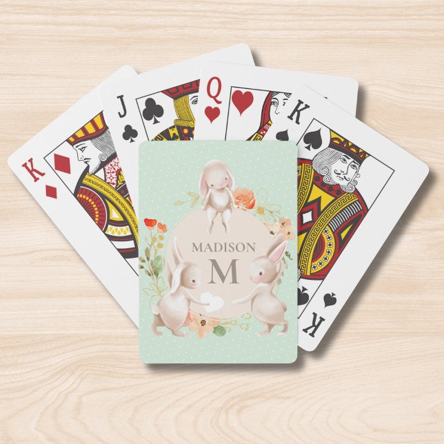 Monogram Cute Bunny Rabbits Floral Personalised Playing Cards (Creator Uploaded)