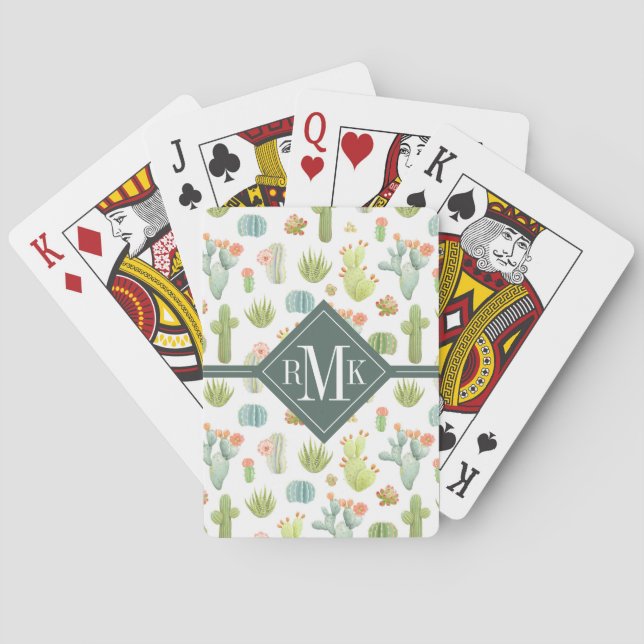 Monogram | Cute Cactus Standing Pattern Playing Cards (Back)