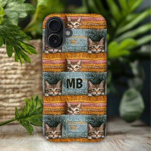 Monogram Cute Cats Knitted Girly Personalised iPhone 16 Plus Case