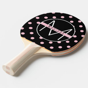 Monogram   Cute & Chic Pink Polka Dot on Black Ping Pong Paddle