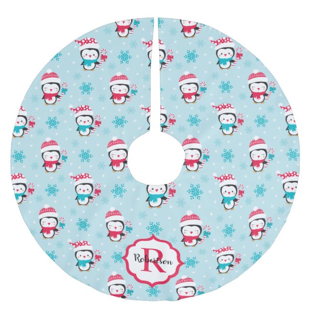 Monogram Cute Christmas Winter Penguin Brushed Polyester Tree Skirt (Front)