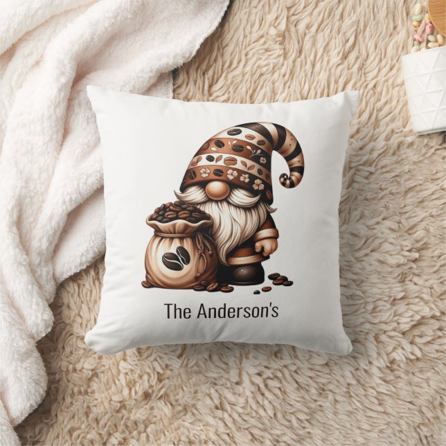 Monogram Cute Coffee Gnome Brown White Gift Cushion (Blanket)