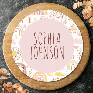 Monogram Cute Colourful Rainbows and Daisy Flowers Classic Round Sticker