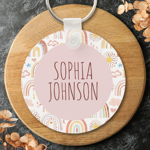 Monogram Cute Colourful Rainbows and Daisy Flowers Key Ring