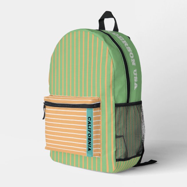 Monogram cute colours green and peach stripes printed backpack (Back Corner Right)