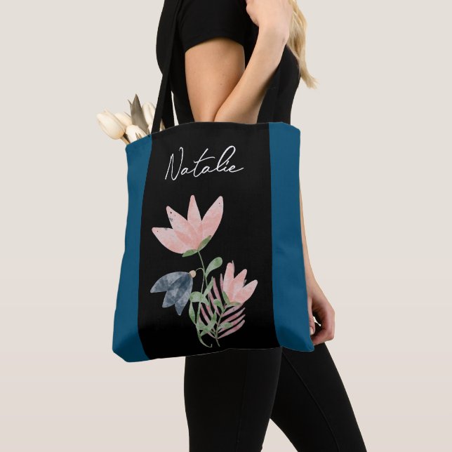 Monogram cute contrast with floral Black and navy Tote Bag (Close Up)