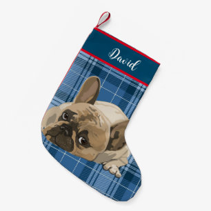 Monogram Cute design funny dog on blue plaid pet Small Christmas Stocking