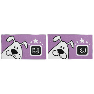 Monogram Cute Doodle Dog with Stars Pillowcase
