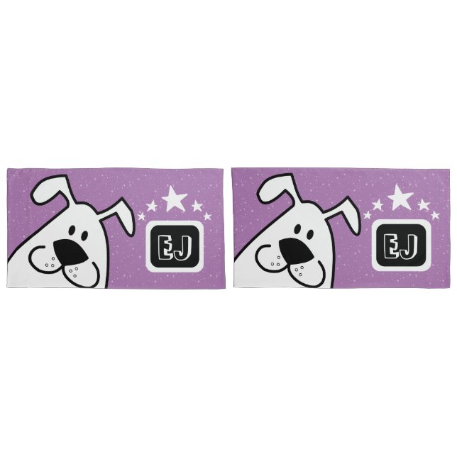 Monogram Cute Doodle Dog with Stars Pillowcase (Back-Set)