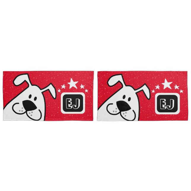 Monogram Cute Doodle Dog with Stars Pillowcase (Front-Set)