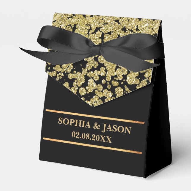 Monogram Cute Gold Glitter Wedding  Favour Box (Front Side)