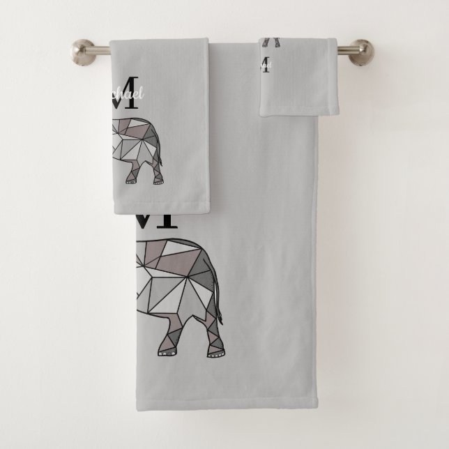 Monogram Cute Graphics Elephant Personalised Black Bath Towel Set (Insitu)